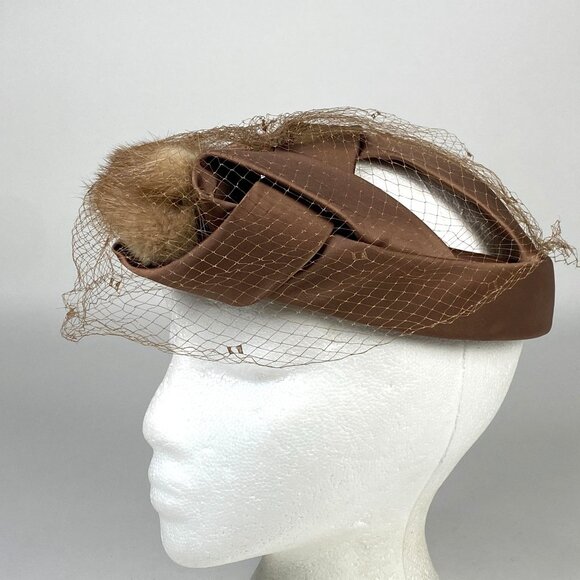 Vintage Roberta Bernays Brown Fur Satin Fascinator Hat Birdcage Veil Made USA main image 8